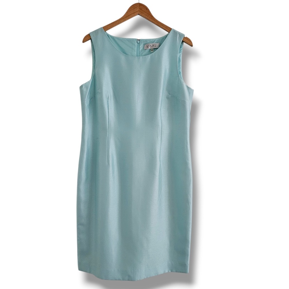 Kasper Sheath Dress 12 Blue Sea Glass Faux Silk Sleeveless Cocktail Event Pastel